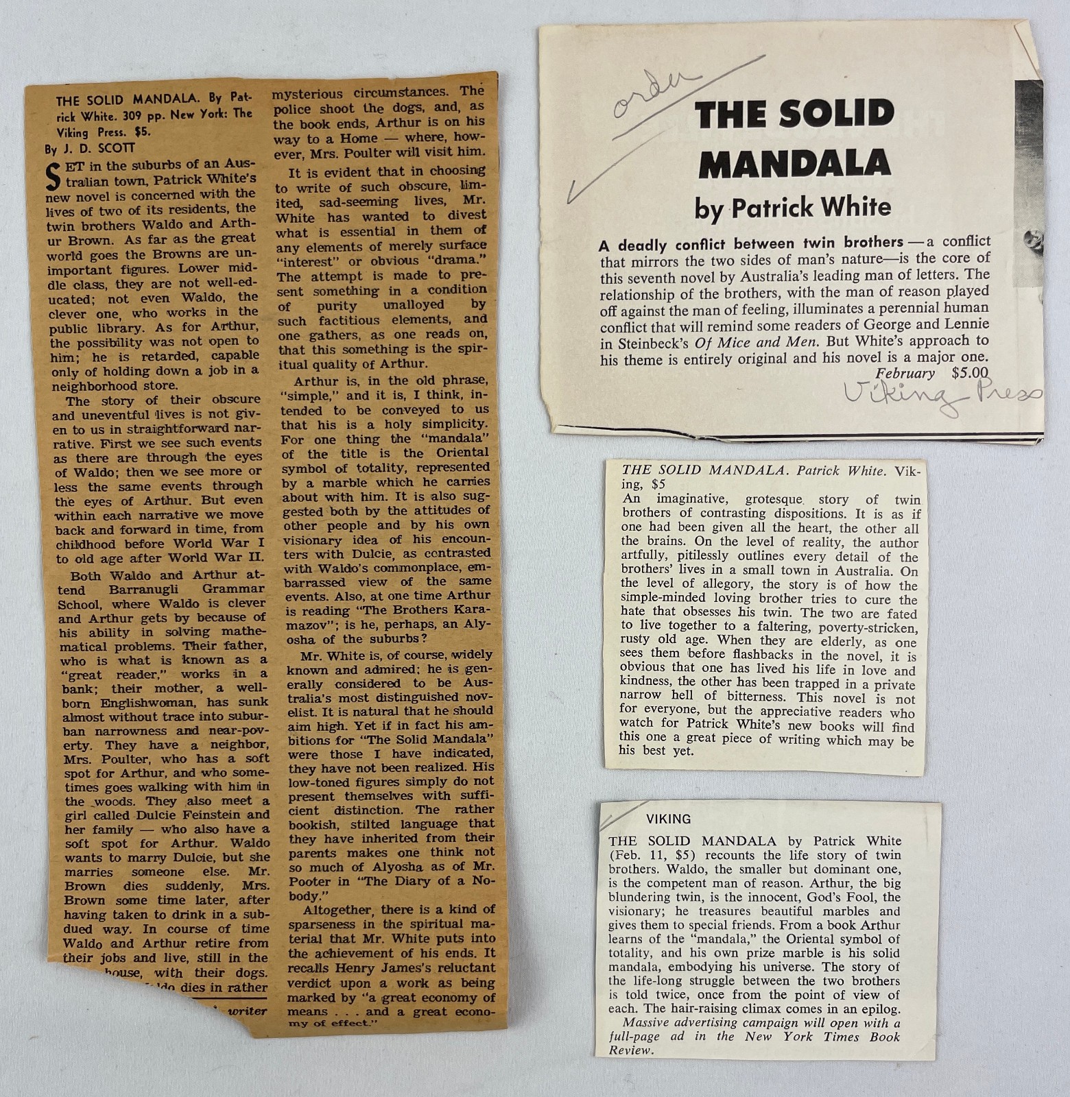 The Solid Mandala, Patrick White, 1966, 1st Edition Thus, Australian Lit., HCDJ